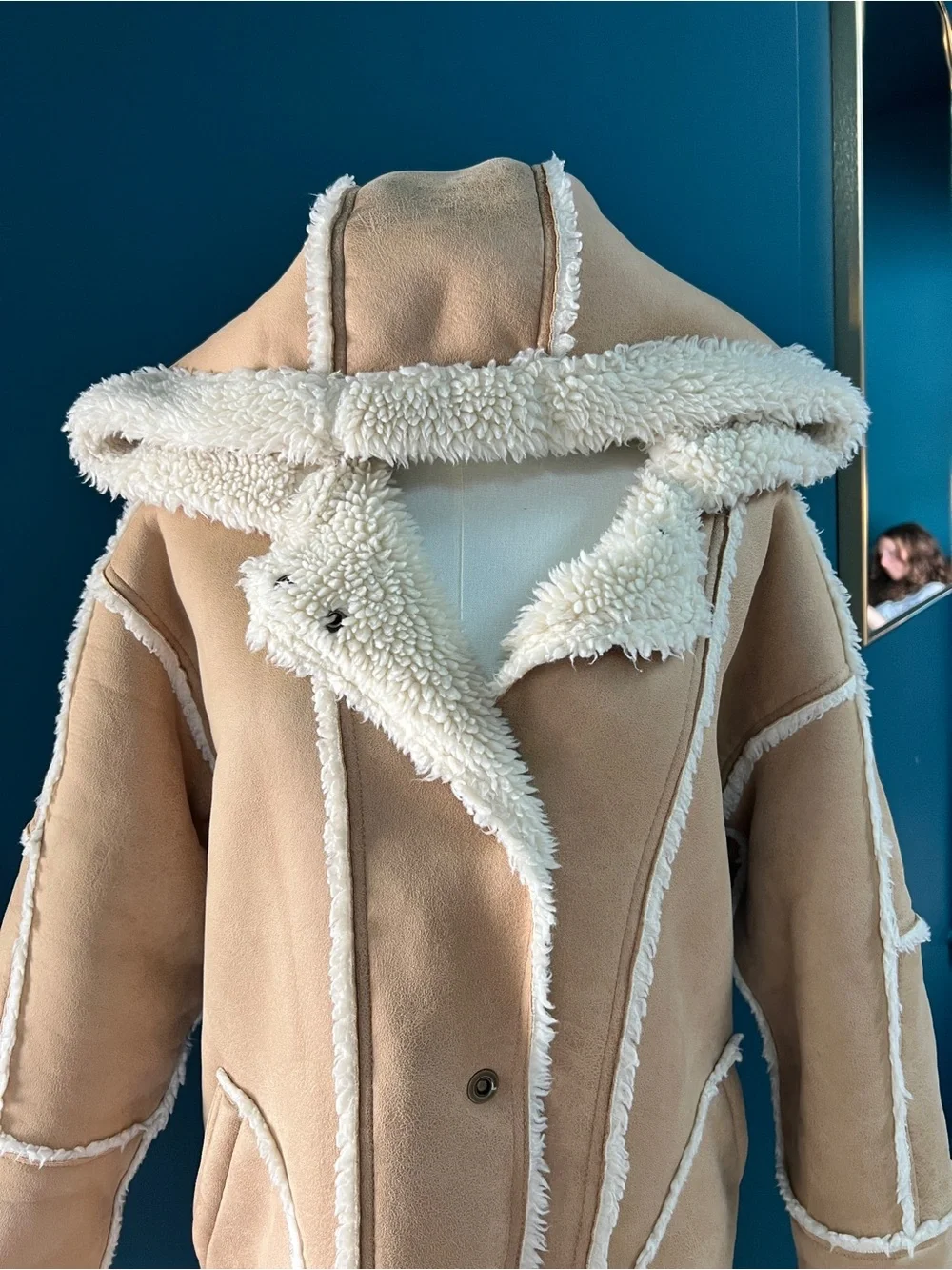 Anthropologie x Pilcro Hooded Sherpa Coat. Camel and Cream. Size Petite Small - Picture 5 of 14